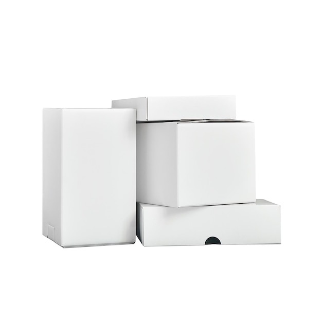 Composition of four different white boxes for packaging on a white Mockup of containers for goods