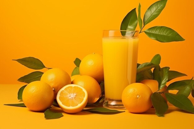 Composition of fresh orange juice with yellow background