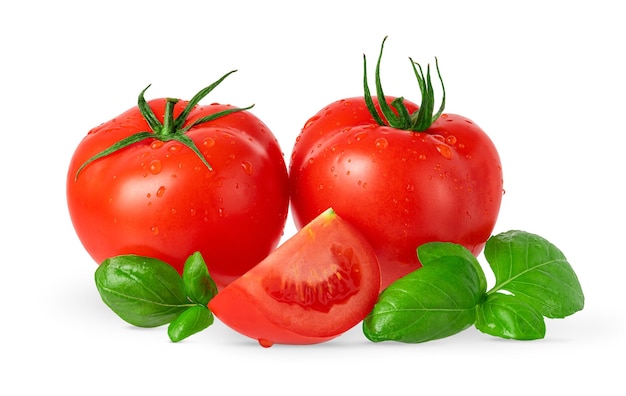 Composition of fresh red tomatoes isolated on white background with clipping path.