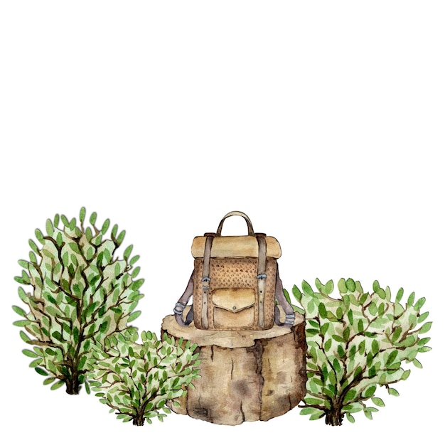 Composition from a backpack on the background of a stump in the forest Watercolor illustration