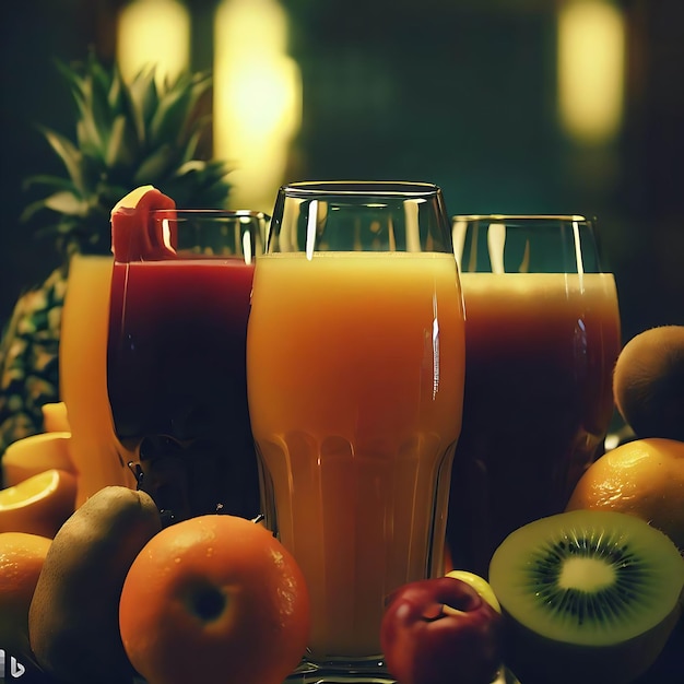 Composition of fruits and glasses of juice