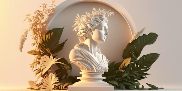 Composition of Greek character plaster statue with plants and round decor in the back Created with Generative AI technology