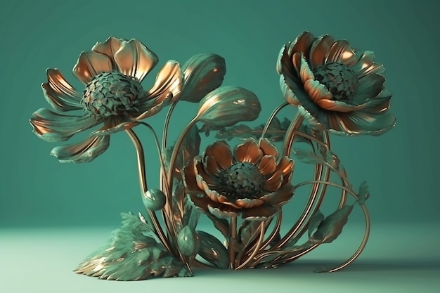 Composition of green gold artificial flowers on a green background Generative AI