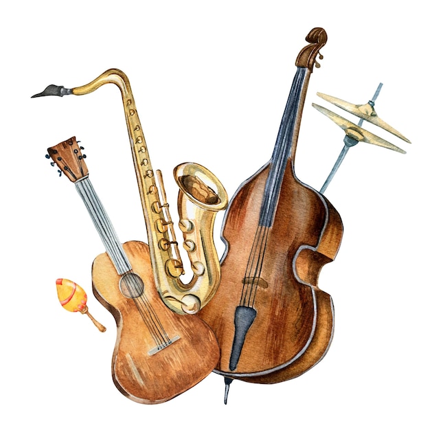 Composition of guitar saxophone contrabass musical instruments watercolor illustration isolated