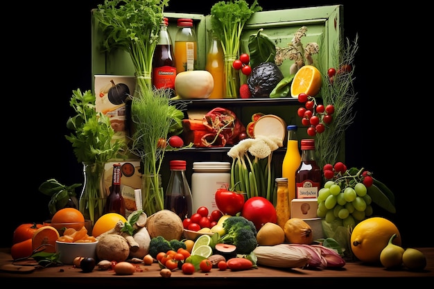 Composition of healthy raw food in the fridge