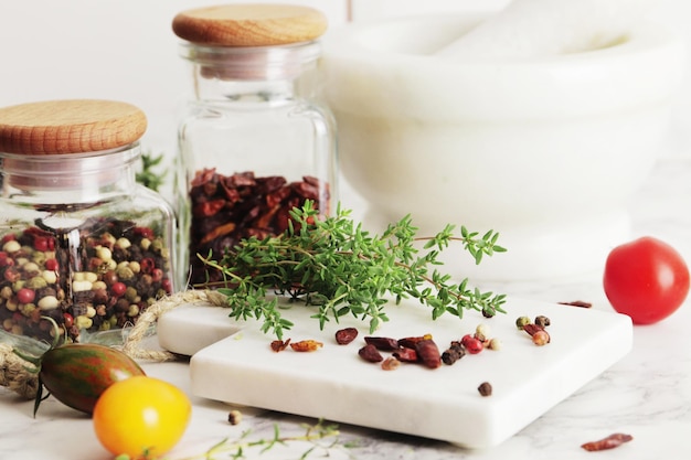 Composition of herbs and spices on the kitchen table