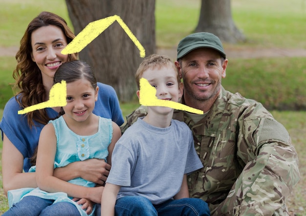 Composition of house drawing over portrait of male soldier with his wife and children