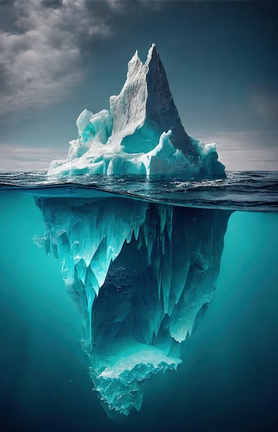 Composition of iceberg reflected in sea over clouds created using generative ai technology