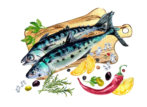 Composition of mackerel on cutting board watercolor illustration isolated on white