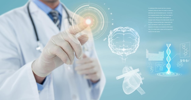 Composition of male doctor touching screen with human brain and medical data processing