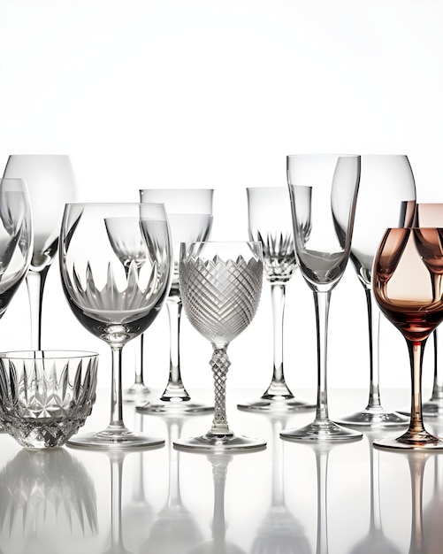 Composition of many different glasses on white background photorealistic AI generative