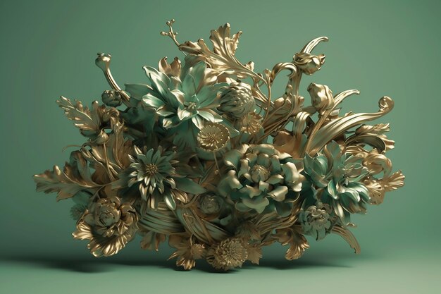 Composition of mint gold artificial flowers on a mint background Generative AI