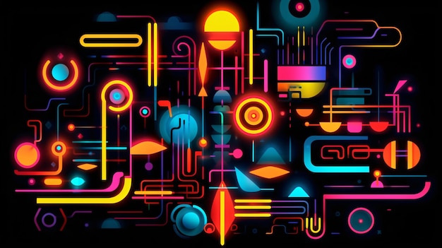 composition of multiple neon shapes on black backgro