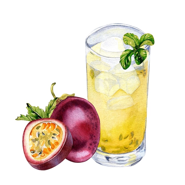 Composition of passion fruit smoothies watercolor illustration isolated on white