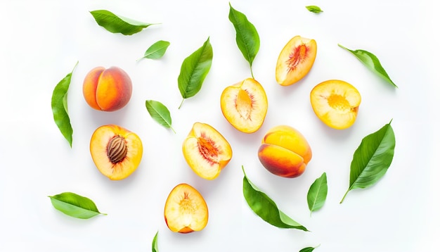 Composition of peaches peach halves and slices with green leaves on a white background