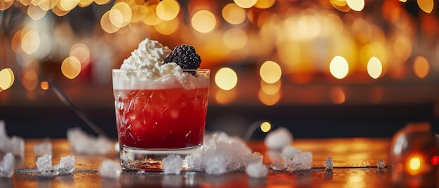 Composition of a red cocktail in a transparent glass ice whipped cream and a plump blackberry