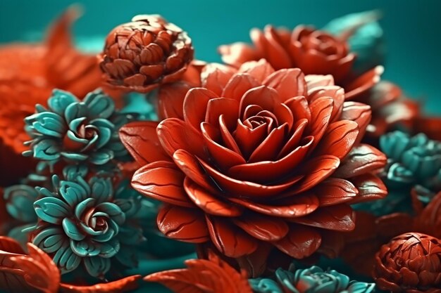 Composition of red turquoise artificial flowers on a turquoise background Generative AI