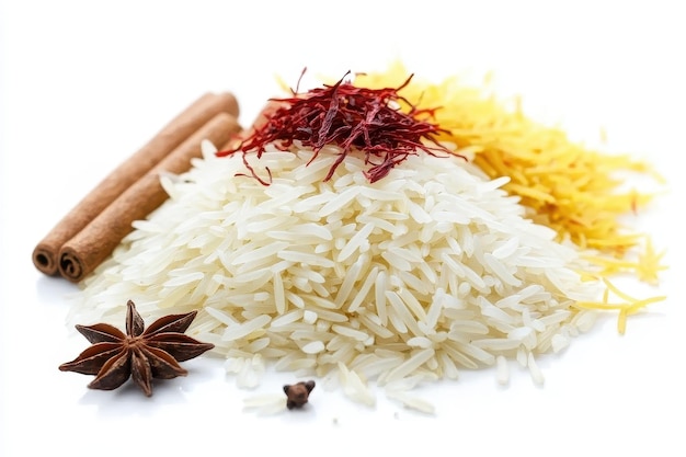 Photo a composition of rice with saffron spices and cinnamon sticks showcasing culinary ingredients