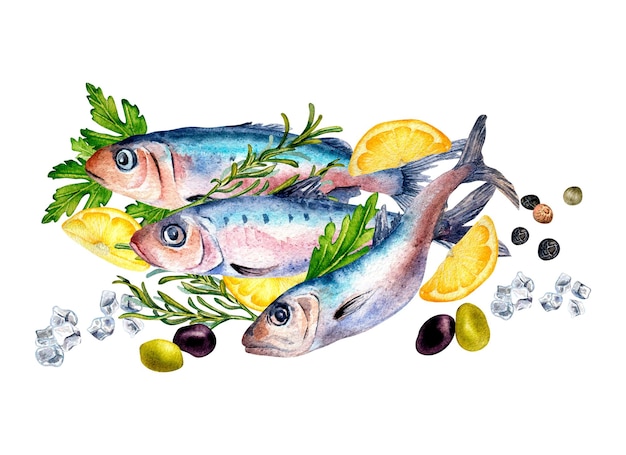 Composition of sardines and spices watercolor illustration isolated on white