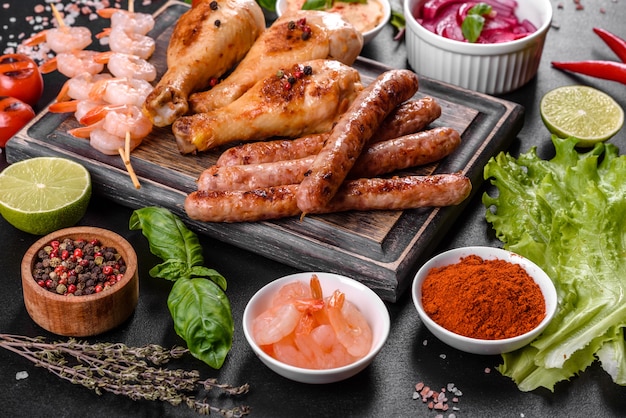 Composition of sausages, chicken, pork and shrimp prepared on grill, as well as vegetables prepared on grill with spices and herbs. Cooking on fire