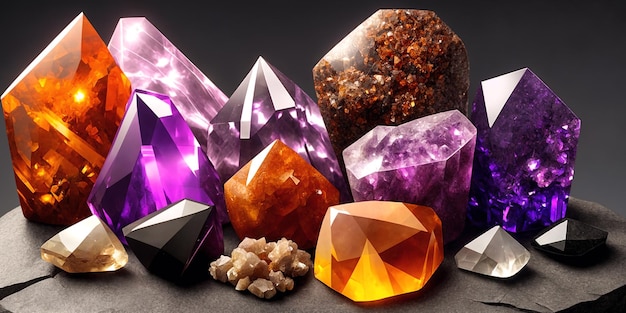 Composition of several crystals and gemstones of various colors Natural minerals A druse of precious stones Generative AI