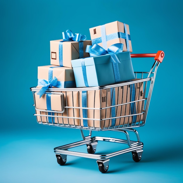 Composition of shopping cart or trolley with gift boxes or bags Cyber monday sales or shopping day