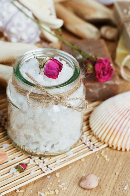 Composition of spa treatment on rustic wooden surface