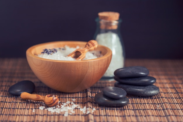 Composition of spa treatment on wooden background