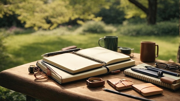 A composition of stationery items placed amidst a natural setting such as a park or garden