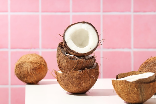 Composition for summer concept with coconut on white table