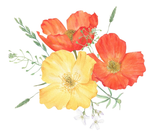 Composition of summer flowers handdrawn in watercolor