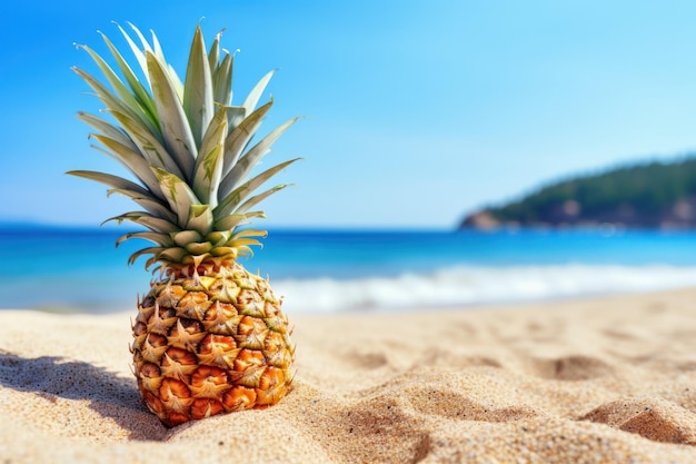 Composition summer on sand beach with pineapple blue sea as background with copy space