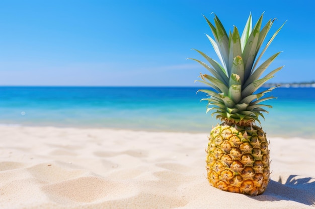 Composition summer on sand beach with pineapple blue sea as background with copy space