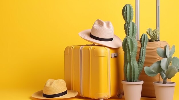 A composition for tourism featuring travel suitcases mumka and summer hat and houseplants AI Generated