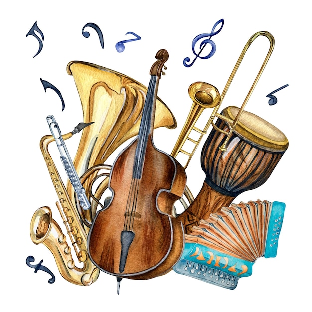 Composition of variouse musical instruments and symbol watercolor illustration isolated