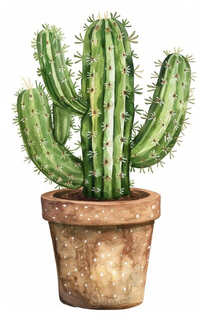 Composition of watercolor cacti and succulents in a pot on a white background