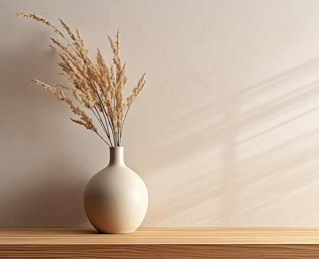 Composition of white ceramic vase with bouquet of dry spikelets golden photo frame