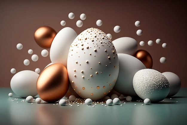 Composition of white and golden Easter eggs Happy Easter background Generative AI