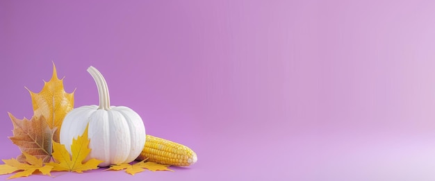 a composition of white pumpkin corn and maple leaves on a soft purple background with space