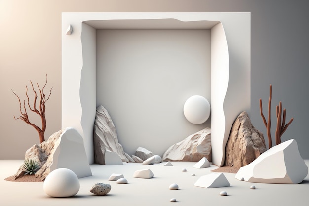 Composition of white stones Minimal background for product presentation in 3d style AI generation