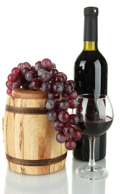 Composition of winewooden barrel and grapes isolated on white