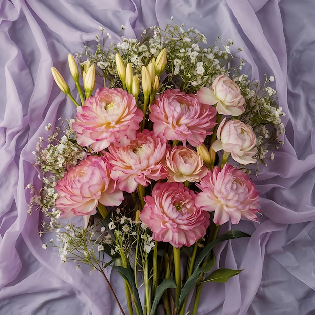 Composition with beautiful eustoma and gypsophila flowers on lilac background