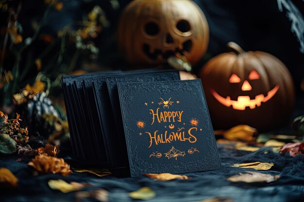 Photo composition with black cards and happy halloween inscription