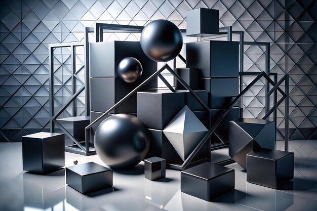 Photo composition with black geometric shapes abstract background