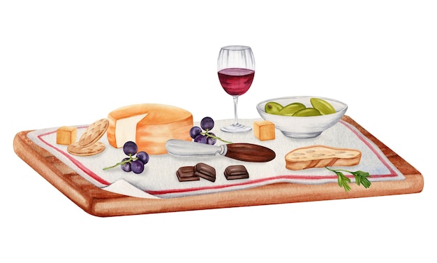 Photo composition with cheese glass of red wine bread plate olives and knife on wooden board illustration