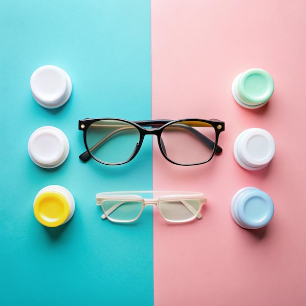 Photo composition with contact lenses glasses and accessories on color background