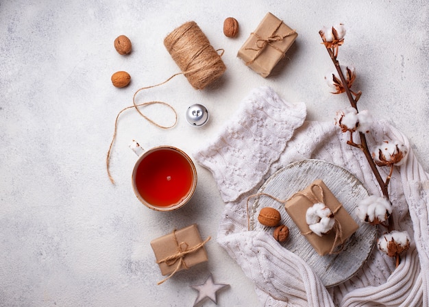 Composition with cotton branch and tea