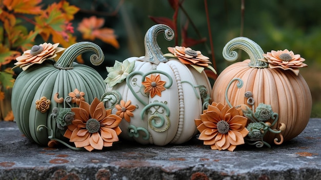 Composition with decorative pumpkins and flowers Generative AI