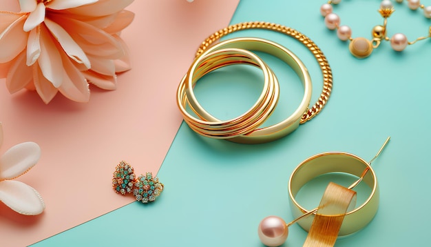 Photo composition with different golden rings and bracelets on color background