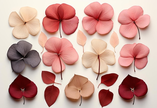 Composition with different types of flowers or rose petals on a white surface and isolated objects